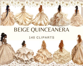 Clipart de Quinceañera Beige: Gráficos de vestidos de acuarela (140 archivos PNG)