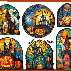 May include: A set of six stained glass windows with Halloween themes. Each window features a different spooky scene, including a haunted house, a graveyard, and a witch's cauldron. The windows are all made of colorful glass and have a traditional stained glass look.