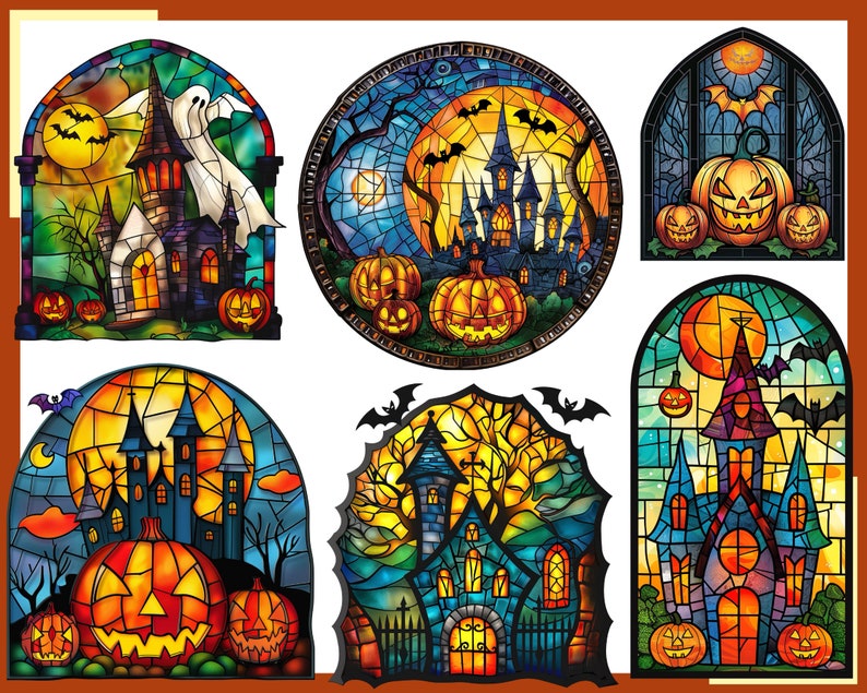May include: A set of six stained glass windows with Halloween themes. Each window features a different spooky scene, including a haunted house, a graveyard, and a witch's cauldron. The windows are all made of colorful glass and have a traditional stained glass look.