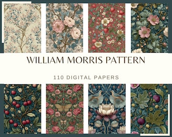 William Morris Inspired Paper: 110 JPEG, 300 DPI Art Craft Floral Pattern, Vintage Botanical Background Scrapbook  (Commercial Use, Digital)