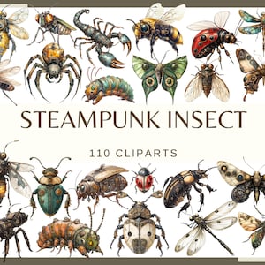 Steampunk Insect Clipart: Fantasy Bugs, Gears, Wings (PNG, 300 DPI) Digital Download