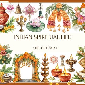 Indian Spiritual Life: 100 PNG, 300 DPI Hindu Indian Temple Puja Yoga Meditation, Lotus, Diya Sacred Symbols (Commercial Use, Digital)