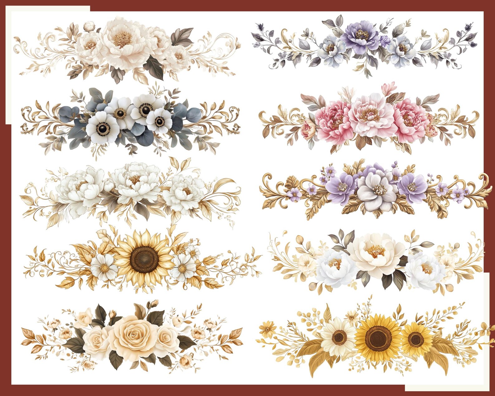 Floral Header Clipart: Watercolor Flower Borders, PNG (300 DPI) Digital ...