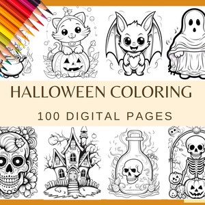 HALLOWEEN AUSMALSEITEN - 100 Seiten (300 dpi, Hexe, Geist, Spinne, Zombie Spooky, Katze, Trick or Treat, Spukhaus, Kessel)