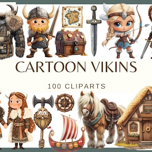 May include: A collection of cartoon Viking-themed clip art. The image includes a variety of characters, weapons, and accessories, such as a Viking helmet, sword, shield, and a longboat. The text "CARTOON VIKINGS" and "100 CLIPARTS" are also visible.