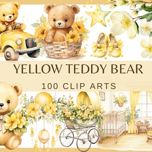 OSO DE PELUCHE AMARILLO - 100 clip arts de acuarela. Baby shower para niño y niña (Fondo transparente, 300 dpi, uso comercial)