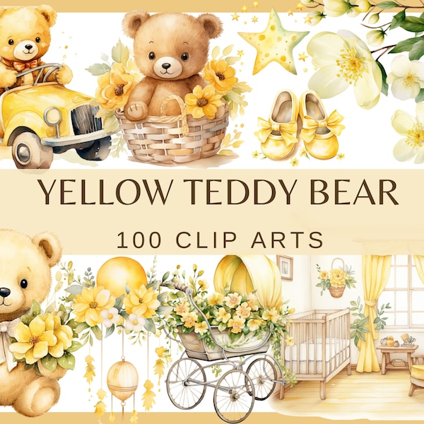 YELLOW TEDDY BEAR - 100 watercolor clip arts. Baby shower for a boy and girl (Transparent background, 300 dpi, commercial use)