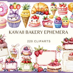 Może przedstawiać: Akwarelowa ilustracja różnych elementów piekarniczych kawaii, w tym pączka, babeczek, rożka lodowego, rogalika i kawałków ciasta. Obraz zawiera tekst "KAWAII BAKERY EPHEMERA" i "220 CLIPARTS". Przedmioty są ozdobione owocami i mają uśmiechnięte twarze.