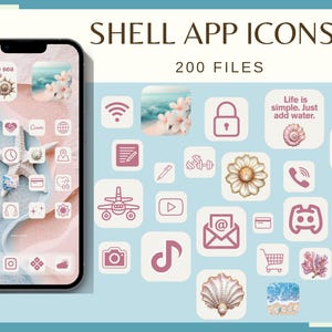 May include: A collection of 200 customizable app icons featuring a shell theme. The icons are in a variety of colors, including pink, white, and gold. The icons are designed to be used on a smartphone or tablet.