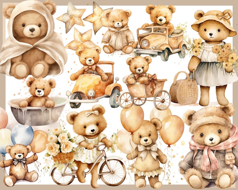 BEIGE TEDDY BEAR 100 clip arts, Baby shower for newborns, Nursery Decor, Baby boy, Baby girl, Beige Teddy Bear image 9