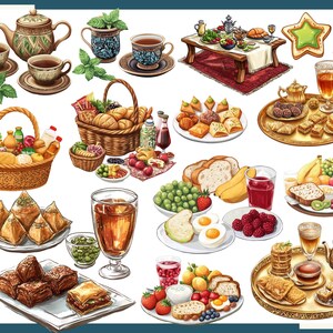 Pu&ograve; includere: Illustrazione ad acquerello di una variet&agrave; di cibi e bevande. Include servizi da t&egrave;, cesti di pane e frutta, pasticcini e una tavola con un tappeto rosso. L'immagine ha un'atmosfera calda e invitante.
