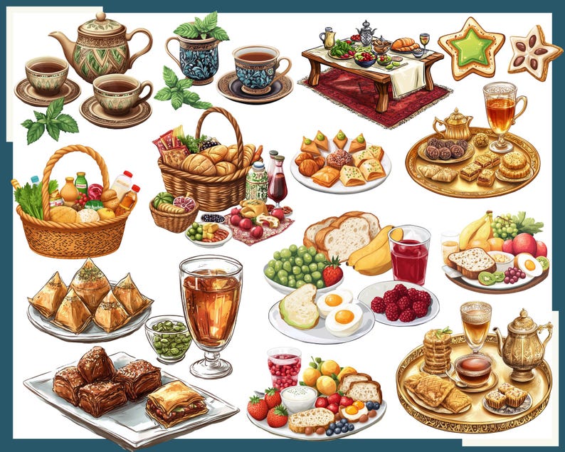 Pu&ograve; includere: Illustrazione ad acquerello di una variet&agrave; di cibi e bevande. Include servizi da t&egrave;, cesti di pane e frutta, pasticcini e una tavola con un tappeto rosso. L'immagine ha un'atmosfera calda e invitante.