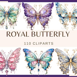 ROYAL BUTTERFLIES - 110 clipart (300 dpi, edelsteenvlinder, bloem, bundel, aquarel, vlinderglas in lood, bloemen, insect, png)