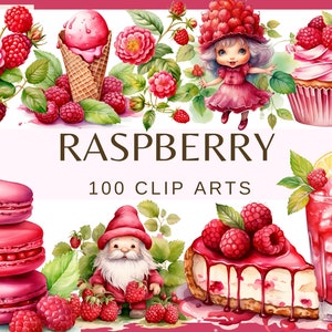 FRAMBUESA - 100 imágenes prediseñadas (300 ppp, fruta, helado, pastel, cupcake, tarta de queso, vino, limonada, cóctel, paquete, png, comida, digital)