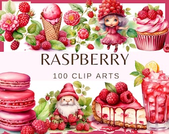 May include: A set of 100 watercolor clip art images featuring raspberries in various settings. The images include raspberries on a vine, in a bowl, on a cake, and in a glass of juice. The images are perfect for use in scrapbooking, card making, and other craft projects.