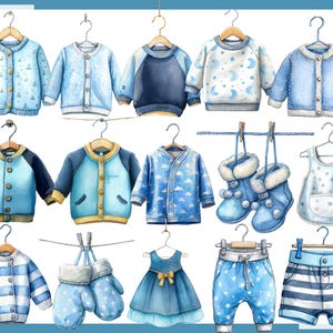 May include: Watercolor illustration of baby clothes in various shades of blue, including jackets, sweaters, a dress, shorts, and mittens. Some items feature nautical or celestial patterns. The garments are hanging on wooden hangers.