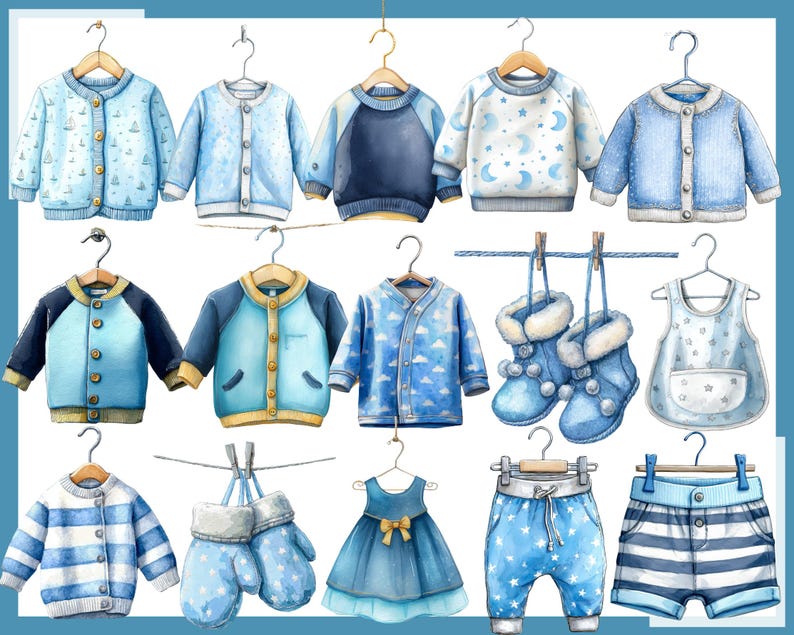 May include: Watercolor illustration of baby clothes in various shades of blue, including jackets, sweaters, a dress, shorts, and mittens. Some items feature nautical or celestial patterns. The garments are hanging on wooden hangers.