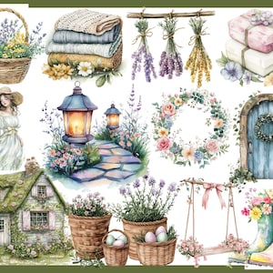 May include: Watercolor illustration featuring a cottage, garden path, and various floral elements. Includes a basket of flowers, stacks of folded blankets, bundles of dried lavender, and a floral wreath. Also shown are a swing, boots with flowers, and a woman in a dress.