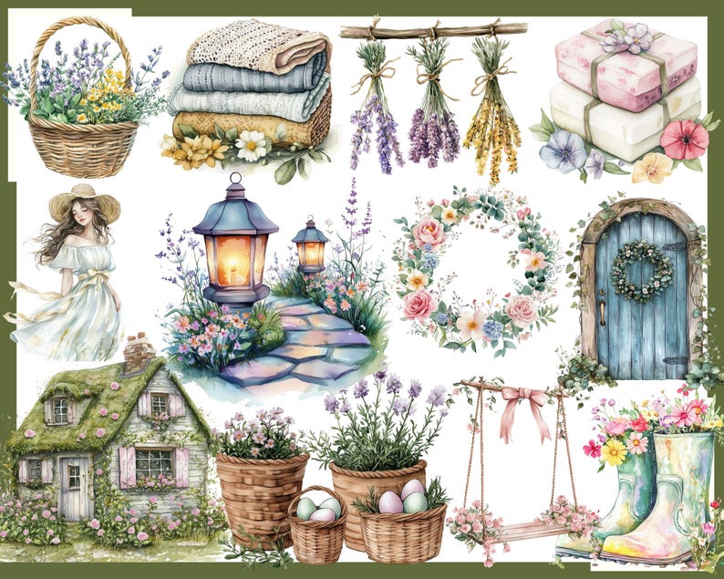 May include: Watercolor illustration featuring a cottage, garden path, and various floral elements. Includes a basket of flowers, stacks of folded blankets, bundles of dried lavender, and a floral wreath. Also shown are a swing, boots with flowers, and a woman in a dress.