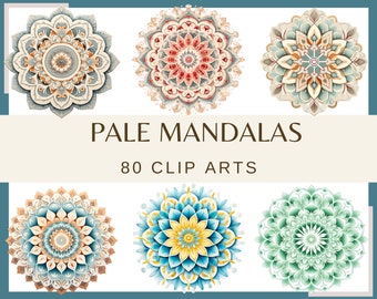 PALE MANDALA - 80 clip arts (300 dpi, Transparent background, commercial use, digital, india)