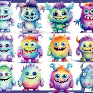 May include: Twelve colorful cartoon monsters with different expressions and colors. The monsters are all furry and have large eyes. They are all standing on a white background.