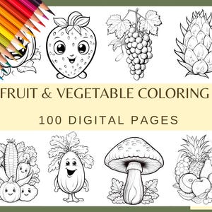 Pagine da colorare di FRUTTA E VERDURA - 100 pagine (fungo, avocado, banana, pomodoro, limone, mela, pera, uva Libro da colorare in carta digitale)