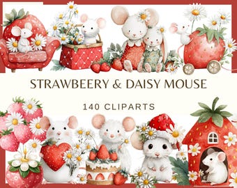 Strawberry Daisy Clipart: Cottagecore Watercolor PNG Graphics (Digital Download Commercial Use)