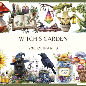May include: Watercolor illustration titled "Witch's Garden" featuring various magical elements. Includes a mushroom-shaped bottle, open book with herbs, a black cat in a witch hat, a raven, and a jar labeled "dream petals".