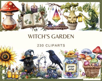 Witch's Garden - 150 PNG, 300 DPI Magical Potion | Witchcraft Elements, Broom, Cauldron, Black Cat, Vintage Magic Art
