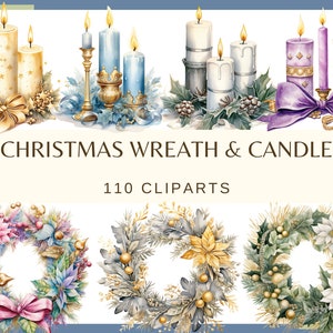 CHRISTMAS WREATH & CANDLES - 110 clip arts (300 dpi, Christmas tree decor candle, bundle digital, winter, png)