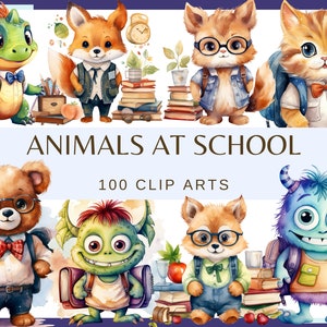 ANIMAIS NA ESCOLA - 100 clip arts em aquarela (Png, 300 dpi, Ilustrações de caderno, sala de aula, educacional, dinossauro monstro na escola)