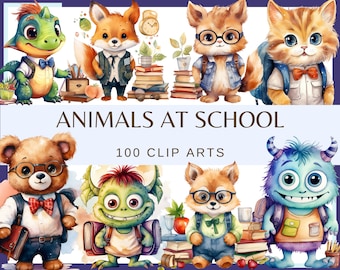 Watercolor Animals at School Clip Art: 100 PNG Illustrations (300 dpi) (Digital Download)