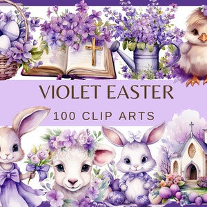 VIOLET EASTER - 100 Aquarell Clip-Arts (Transparenter Hintergrund, 300 dpi Frühling Ostern Digital Papier, Frühlingsferien, png kommerzielle Nutzung))