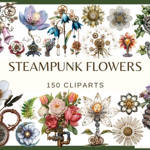 スチームパンクな花 - 110点のクリップアート | ヴィンテージな機械仕掛けの花のイラスト | 真鍮とギアの植物PNGセット