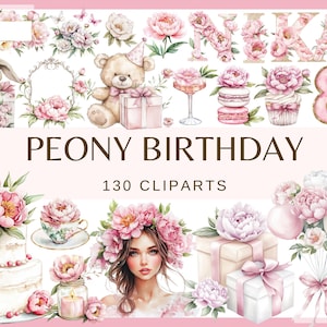 PEONY BIRTHDAY PARTY - 130 aquarell Clip-Arts (300 dpi, kommerzielle Nutzung, Blumenparty rosa Pfingstrose, Geburtstagstorte, Luftballons, png)