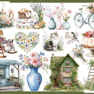 May include: Watercolor illustrations of various spring and summer scenes. Includes a teapot, a bicycle with a basket of flowers, a rocking chair, a heart-shaped floral arrangement, a kitten, a cake, a house, and a blue vase with flowers.