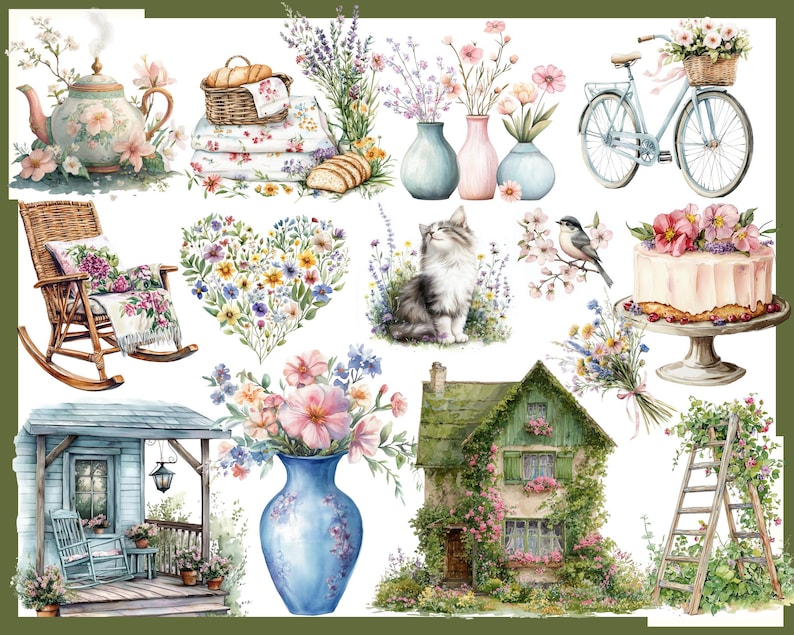 May include: Watercolor illustrations of various spring and summer scenes. Includes a teapot, a bicycle with a basket of flowers, a rocking chair, a heart-shaped floral arrangement, a kitten, a cake, a house, and a blue vase with flowers.