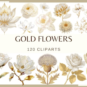 Op de afbeelding: Een verzameling gouden en witte bloemen clipart-elementen. De afbeelding toont verschillende bloemsoorten, waaronder rozen, magnolia's en lotusbloemen, met gouden accenten. Tekst luidt "GOLD FLOWERS" en "120 CLIPARTS".