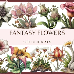 FANTASY FLOWERS - 130 images clipart (300 dpi, arrière-plan transparent, usage commercial, floral, album de scrapbooking floral féerique)