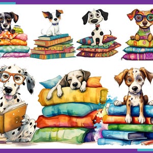 Op de afbeelding: Een verzameling van zes illustraties met honden die boeken lezen. De honden zijn allemaal van verschillende rassen en dragen brillen. De boeken zijn op elkaar gestapeld en zijn versierd met kleurrijke patronen.