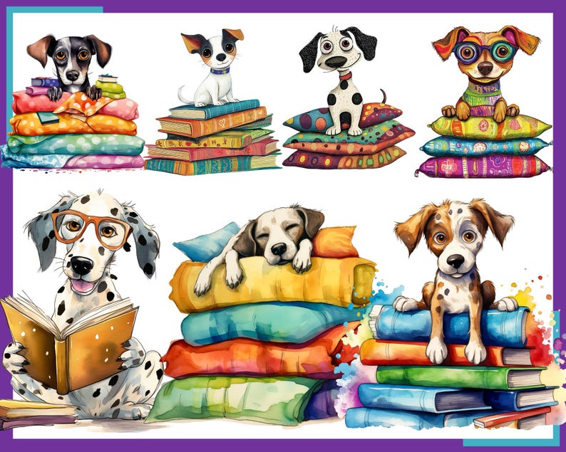 Op de afbeelding: Een verzameling van zes illustraties met honden die boeken lezen. De honden zijn allemaal van verschillende rassen en dragen brillen. De boeken zijn op elkaar gestapeld en zijn versierd met kleurrijke patronen.