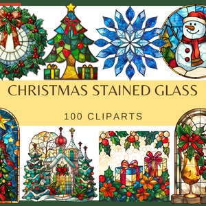 KERSTMIS GLAS IN GLAS - 100 clip arts (300 dpi, kerstboom, huis, open haard, decor, sneeuwpop van de kerstman, digitaal, png, briefkaart)