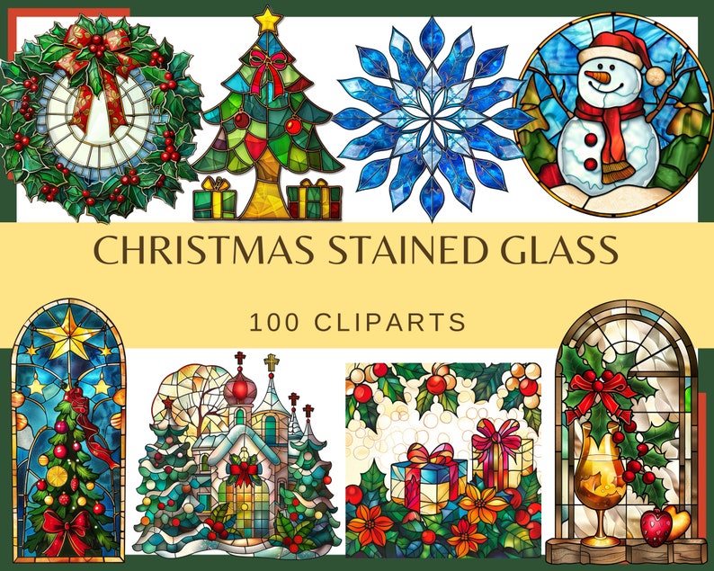 May include: A set of 100 Christmas stained glass clipart images. The images include a wreath, a Christmas tree, a snowflake, a snowman, a church, a window with a Christmas tree, a window with a vase of holly, and a window with presents.