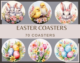 May include: Set of six round coasters featuring Easter-themed illustrations. The coasters feature images of bunnies, chicks, flowers, and Easter eggs. The coasters are white with a glossy finish. The text "Easter Coasters" and "70 Coasters" is printed on the image.