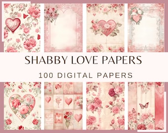 Shabby Chic Valentine's Digital Papers: 100 PNG, 300 DPI Floral Love (Commercial Use, Digital Download)