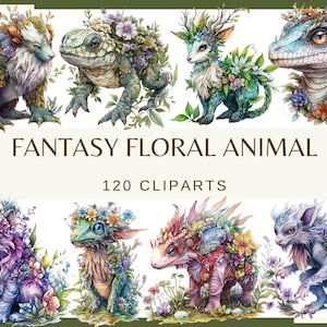 ファンタジーの花と動物 - 120 個のクリップ アート (300 dpi、バンドル、デジタル、難解、png、神秘的、ファンタジー オカルト、ドラゴン、謎の動物鳥)