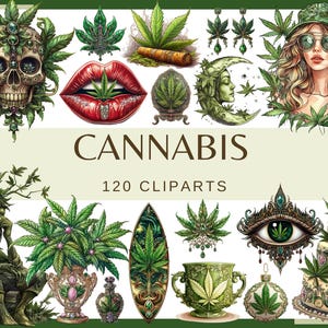 CANNABIS - 120 clipart + 15 patrones sin costuras (300 DPI Clipart de hojas de marihuana Regalos para fumetas Clipart de marihuana Clipart de cáñamo Marihuana digital)