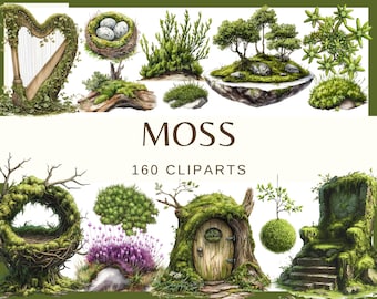 Moss Clipart Bundle: Botanical Illustrations (160 PNG, 300 DPI) - Commercial Use