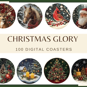 Peut inclure: Ensemble de 100 dessous-de-verre numériques de Noël avec des motifs festifs. Les images comprennent un cerf, un cheval, un cardinal, le Père Noël, une scène d'hiver avec une cabane, un sapin de Noël et des bougies.