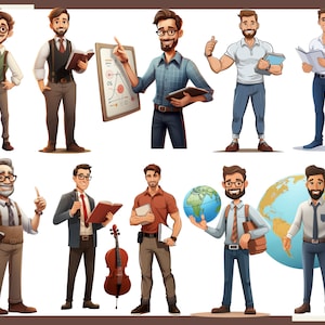 May include: Illustration of ten different men in various poses, wearing different clothing and holding different objects. The men are all smiling and appear to be friendly and approachable. Some of the objects they are holding include books, a globe, a cello, and a briefcase.